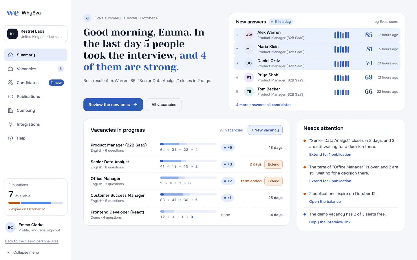 WhyEva workspace: Eva's summary with new answers ranked by score, vacancies in progress and what needs attention