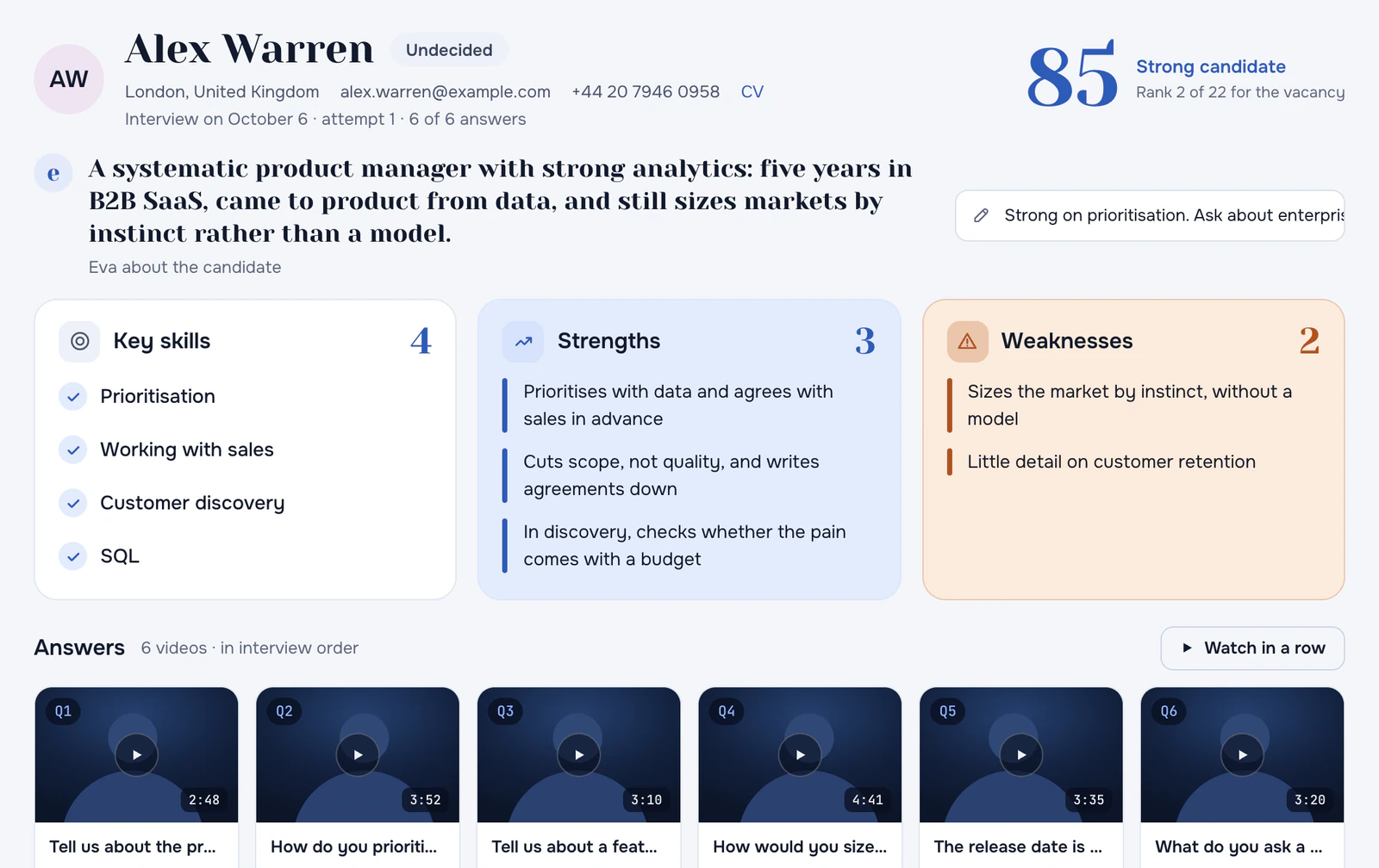 Candidate dossier: Eva's summary, key skills, strengths and weaknesses